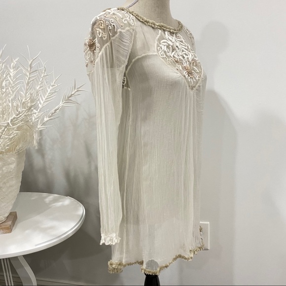 Free People Beaded Lace Shift Dress Cream Regal Princess Core Sz S Bridgerton - Picture 12 of 16